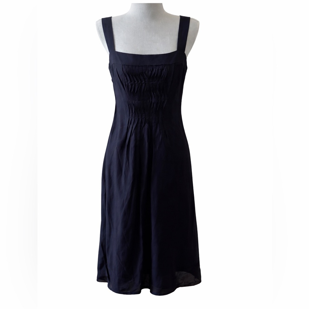 Elie Tahari Navy Blue Ruched Square Neck Midi Dress